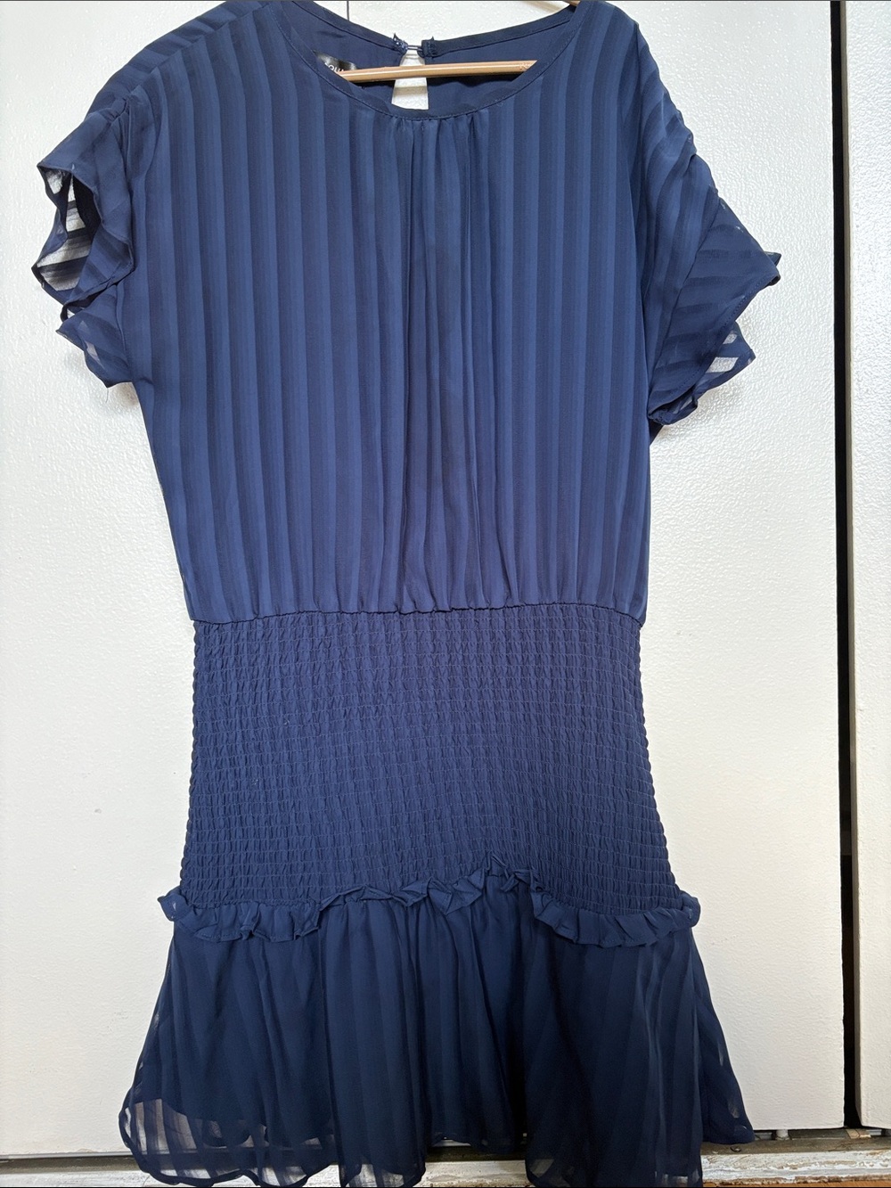 The ACQUA Brand Navy Blue Pleated Bodice Smocked Waist Ruffle Mini Dress